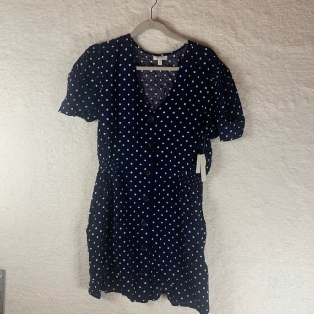ABOUND Flutter Sleeve Button Front Dress‎ Navy White Dots Women's Large NWT 4967